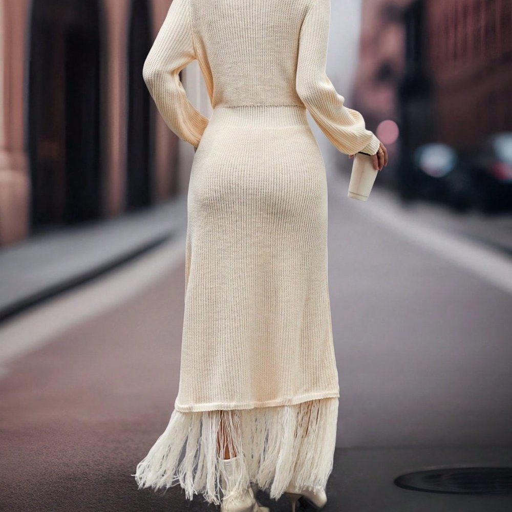Apricot Casual Womens Fringe Hem Lantern Sleeve Sweater Dress - Picture 2 of 5